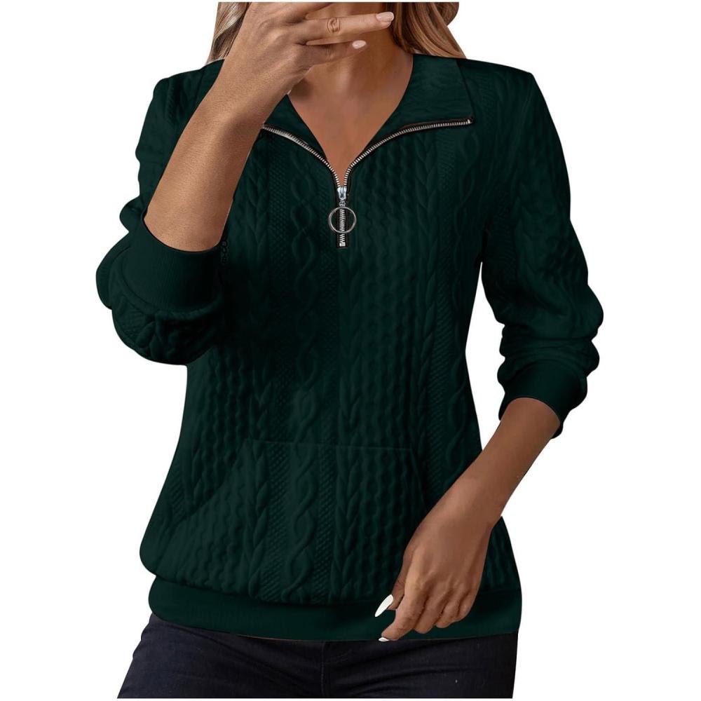 imageSweat Femme Dcontract Pull Femme Col Montant avec Fermeture clair Haut Ample Manches Longues Couleur Unie Jacquard Sweatshirt avec Poche Confortable Sport Top Blouse Automne Et Hiver09 Vert