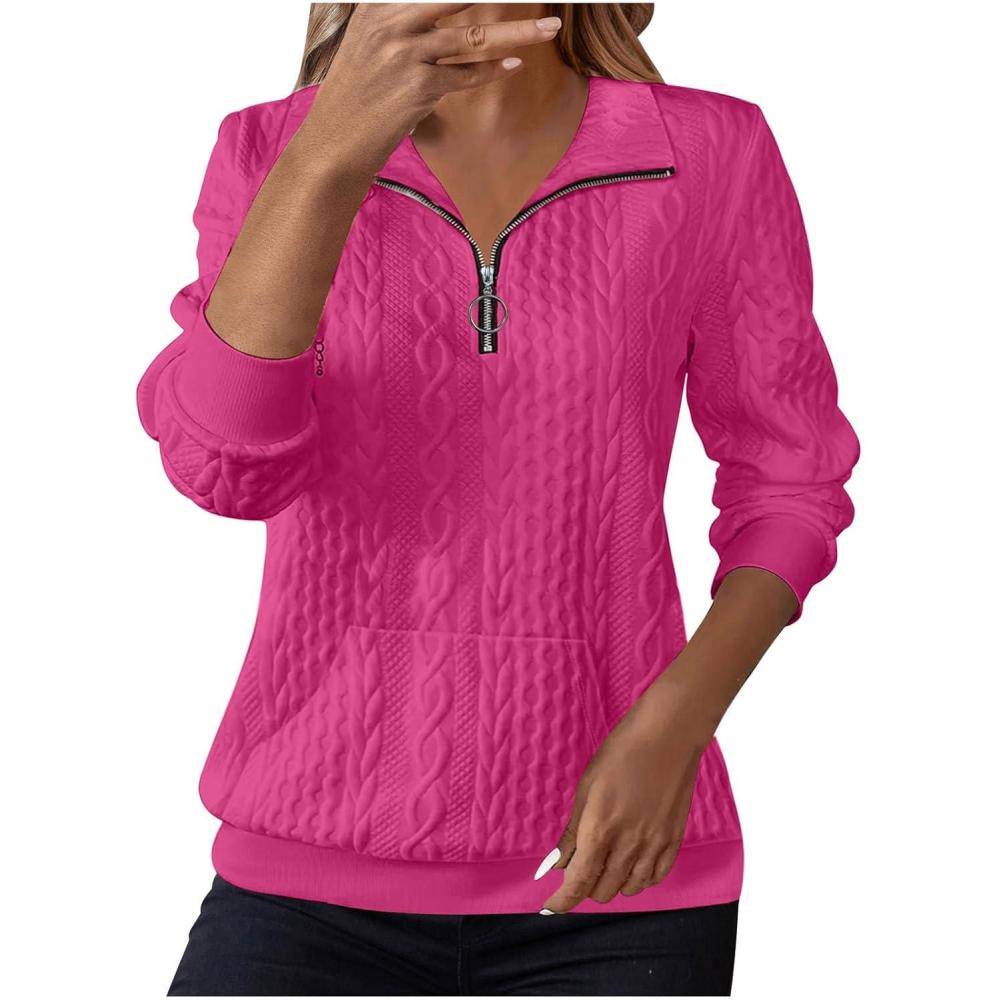 imageSweat Femme Dcontract Pull Femme Col Montant avec Fermeture clair Haut Ample Manches Longues Couleur Unie Jacquard Sweatshirt avec Poche Confortable Sport Top Blouse Automne Et Hiver11 Rose Vif