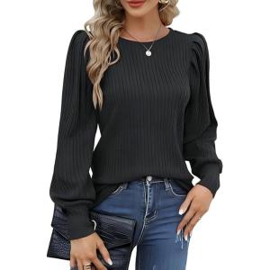 Hotouch Haut pour Femme Élégant Col Rond Manches Bouffantes Pull Casual Léger Manches Longues Blouse Hauts Automne Hiver(Gris Foncé)