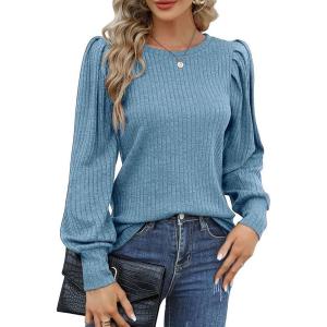 Hotouch Haut pour Femme Élégant Col Rond Manches Bouffantes Pull Casual Léger Manches Longues Blouse Hauts Automne Hiver(Noir Foncé)