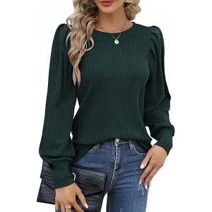 Hotouch Haut pour Femme Élégant Col Rond Manches Bouffantes Pull Casual Léger Manches Longues Blouse Hauts Automne Hiver(Vert Foncé)