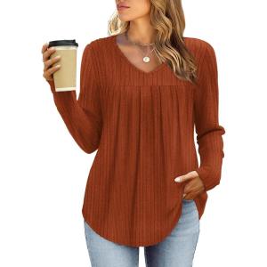 WIHOLL Chemises à manches longues pour femme avec col en V – Léger – Tunique décontractée – Vêtements tendance d&rsquo;automne 2025(Caramel)