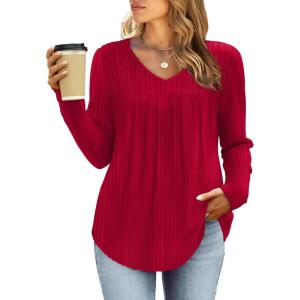 WIHOLL Chemises à manches longues pour femme avec col en V – Léger – Tunique décontractée – Vêtements tendance d&rsquo;automne 2025(D-rouge)