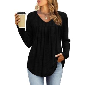 WIHOLL Chemises à manches longues pour femme avec col en V – Léger – Tunique décontractée – Vêtements tendance d&rsquo;automne 2025(Noir)