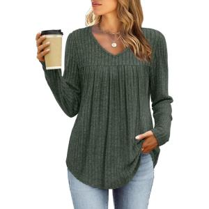 WIHOLL Chemises à manches longues pour femme avec col en V – Léger – Tunique décontractée – Vêtements tendance d&rsquo;automne 2025(Vert)