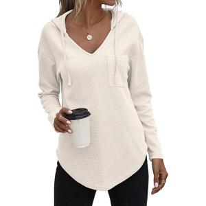 Zeagoo Pull Femme Hoodie Manches Longues Col en V Sweat à Capuche Haut Automne Sweatshirt avec Poches S-XXL(Beige)