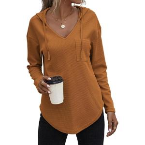 Zeagoo Pull Femme Hoodie Manches Longues Col en V Sweat à Capuche Haut Automne Sweatshirt avec Poches S-XXL(Marron)