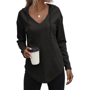 Zeagoo Pull Femme Hoodie Manches Longues Col en V Sweat à Capuche Haut Automne Sweatshirt avec Poches S-XXL(Noir)
