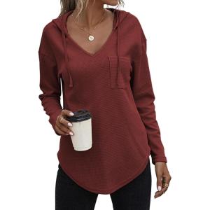 Zeagoo Pull Femme Hoodie Manches Longues Col en V Sweat à Capuche Haut Automne Sweatshirt avec Poches S-XXL(Rouge)