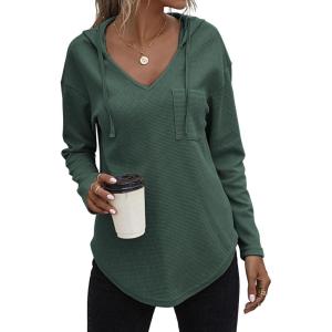 Zeagoo Pull Femme Hoodie Manches Longues Col en V Sweat à Capuche Haut Automne Sweatshirt avec Poches S-XXL(Vert)