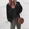 Generisch 2025 Pull à col en V pour femme, doux, chaud, confortable, manches longues, léger, sweat-shirt décontracté, tendance, couleur unie, grandes tailles(Noir)