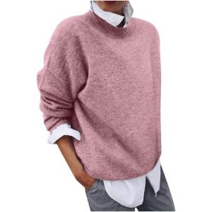 2 en 1 Pull Femme Hiver- Sweat Oversize Femme Manche Longue-Sweatshirts Femme Col Rond Couleur Unie Chandails Décontractée Loose Sweater Pullover Blouse Vintage Grande Taille Tricot Mode Chaud Pulls(Rose)