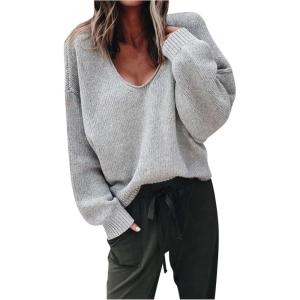 Generisch 2025 Pull à col en V pour femme, doux, chaud, confortable, manches longues, léger, sweat-shirt décontracté, tendance, couleur unie, grandes tailles(Gris)