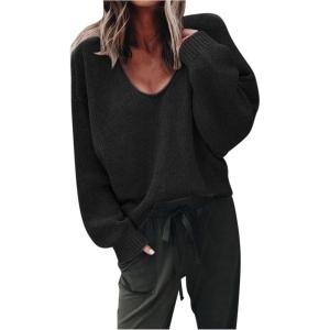 Generisch 2025 Pull à col en V pour femme, doux, chaud, confortable, manches longues, léger, sweat-shirt décontracté, tendance, couleur unie, grandes tailles(Noir)