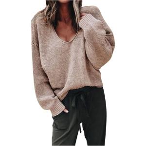 Generisch 2025 Pull à col en V pour femme, doux, chaud, confortable, manches longues, léger, sweat-shirt décontracté, tendance, couleur unie, grandes tailles(Rose)