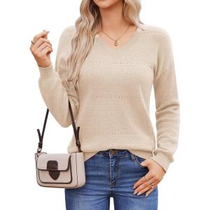Hotouch Pull Femme Hiver Automne Col en V Manches Longues Pull-Over Tricoté Élégant Doux Haut Décontracté Uni S-XXL(Beige)