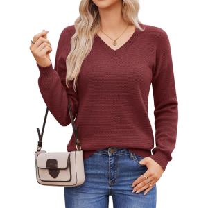 Hotouch Pull Femme Hiver Automne Col en V Manches Longues Pull-Over Tricoté Élégant Doux Haut Décontracté Uni S-XXL(Bordeaux)