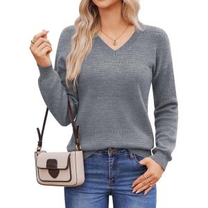 Hotouch Pull Femme Hiver Automne Col en V Manches Longues Pull-Over Tricoté Élégant Doux Haut Décontracté Uni S-XXL(Gris)