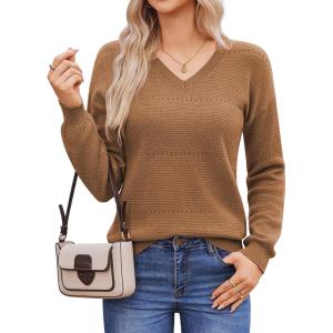 Hotouch Pull Femme Hiver Automne Col en V Manches Longues Pull-Over Tricoté Élégant Doux Haut Décontracté Uni S-XXL(Marron)