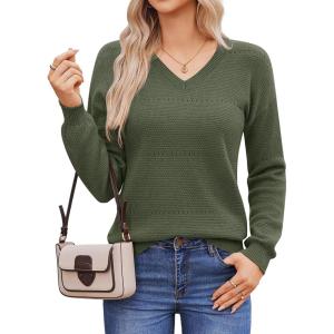 Hotouch Pull Femme Hiver Automne Col en V Manches Longues Pull-Over Tricoté Élégant Doux Haut Décontracté Uni S-XXL(Vert Armée)