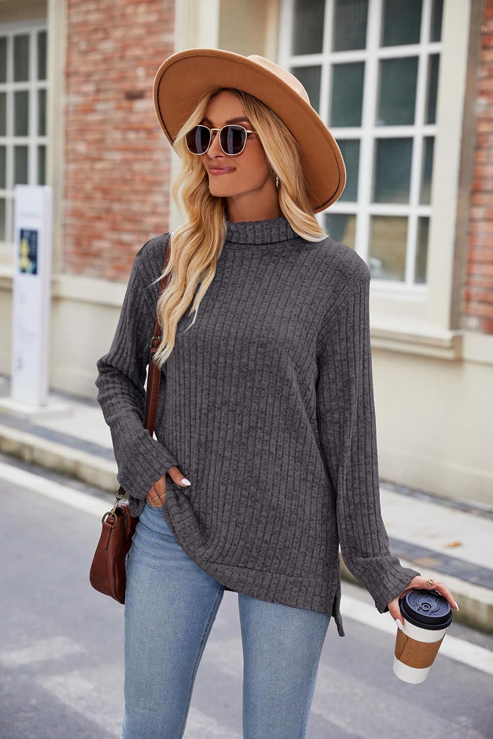 imageFamulily Pull col roul pour femme pull surdimensionn manches longues pour lautomne et lhiver avec fentes latralesGris Fonc