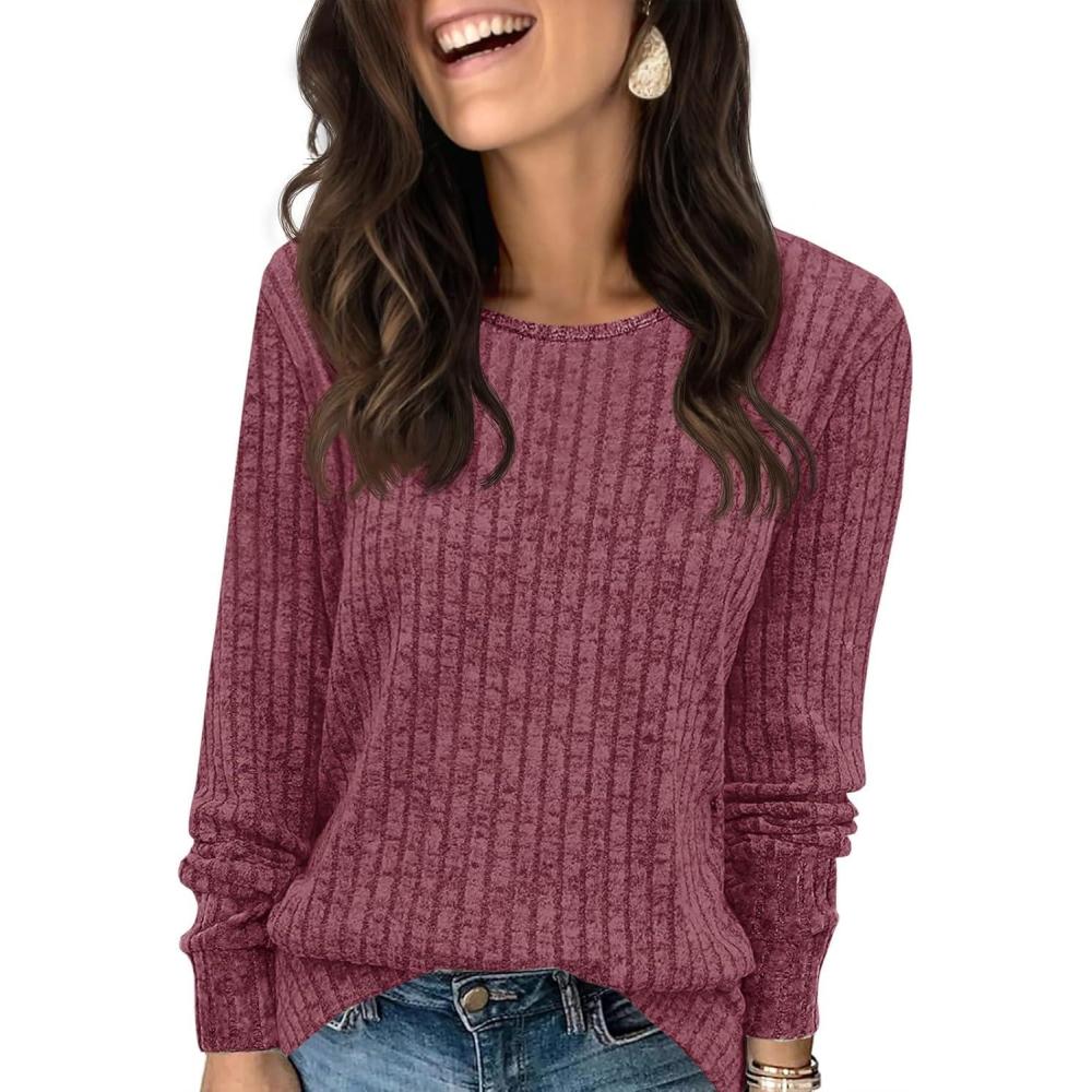 imageFisoew Pull Manches Longues pour Femme Col Rond lger Dcontract Pull en Tricot Coupe AmpleRouge Bordeaux