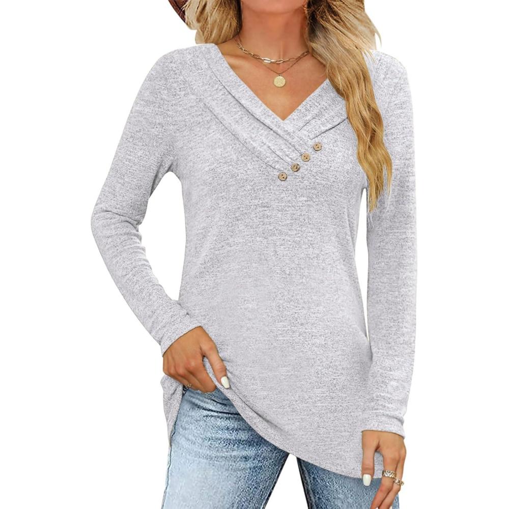 imageFisoew Sweatshirt manches longues pour femme Col en V Bouton DcontractGris Clair