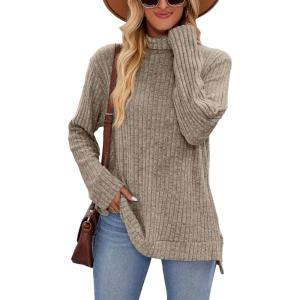 Famulily Pull à col roulé pour femme, pull surdimensionné à manches longues pour l&rsquo;automne et l&rsquo;hiver avec fentes latérales(Café)