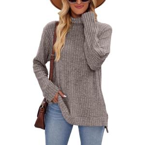 Famulily Pull à col roulé pour femme, pull surdimensionné à manches longues pour l&rsquo;automne et l&rsquo;hiver avec fentes latérales(Gris)