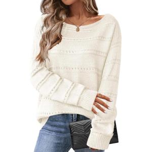 HOTOUCH Pull à manches longues pour femme – Pull doux à épaules dénudées – Pull long en tricot pour l&rsquo;automne(Blanc)