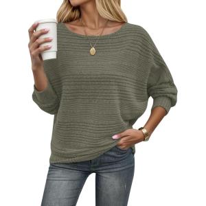 WNEEDU Pull Femme Chic et Elegant Pulls léger Tricoté Hiver à épaules Nues Col Bateau Manches Chauve-Souris Automne Chaud Haut Top(Vert Armée Clair)