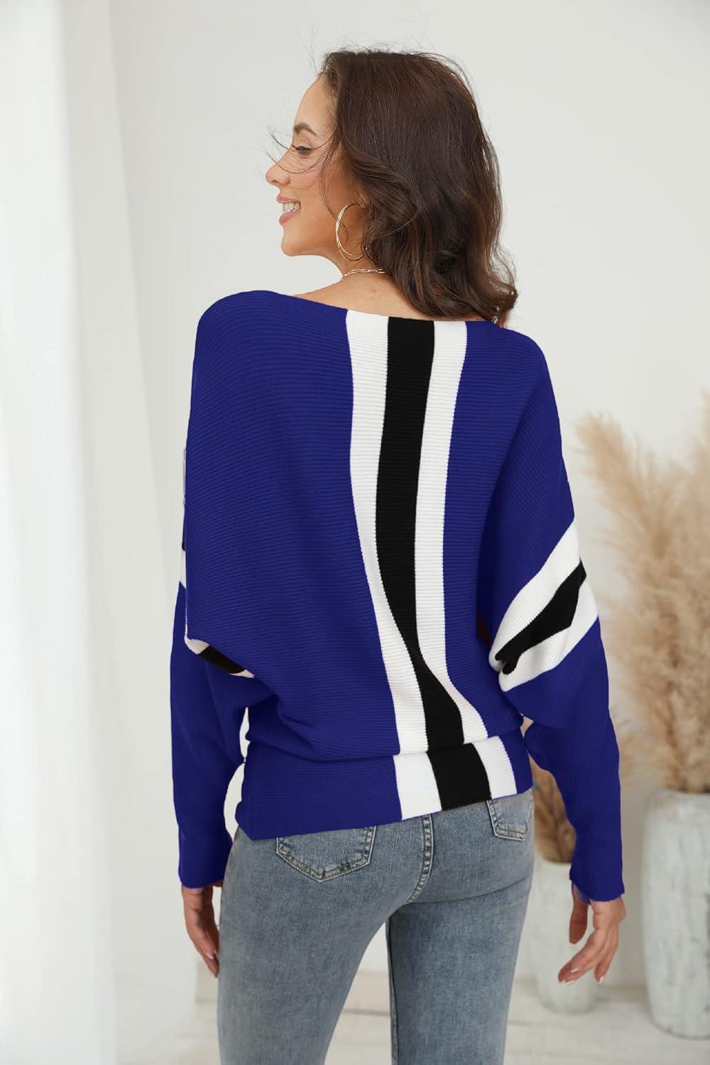 imageFULIER Pull Femme Col Bateau Pull Tricot Bat Manches Longues Casual Loose Sweater Taille UniqueBleu2