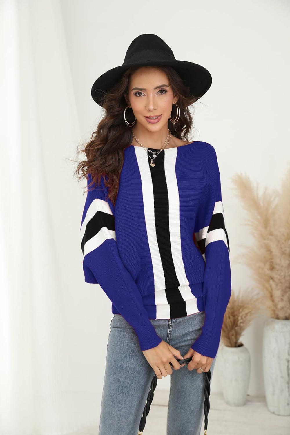 imageFULIER Pull Femme Col Bateau Pull Tricot Bat Manches Longues Casual Loose Sweater Taille UniqueBleu2