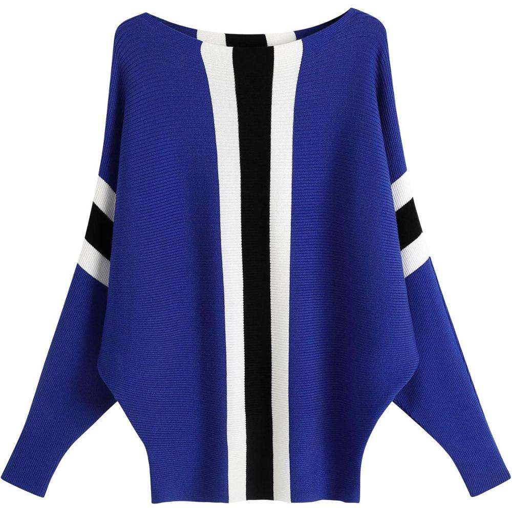 imageFULIER Pull Femme Col Bateau Pull Tricot Bat Manches Longues Casual Loose Sweater Taille UniqueBleu2