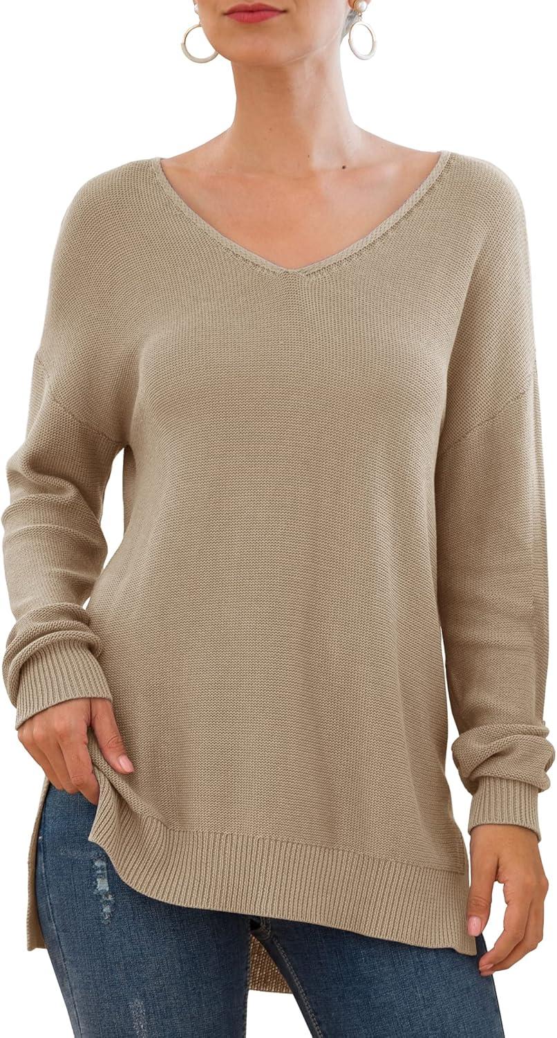 imageGRECERELLE Pull dcontract en tricot pour femme avec col en V et manches longues08 Kaki
