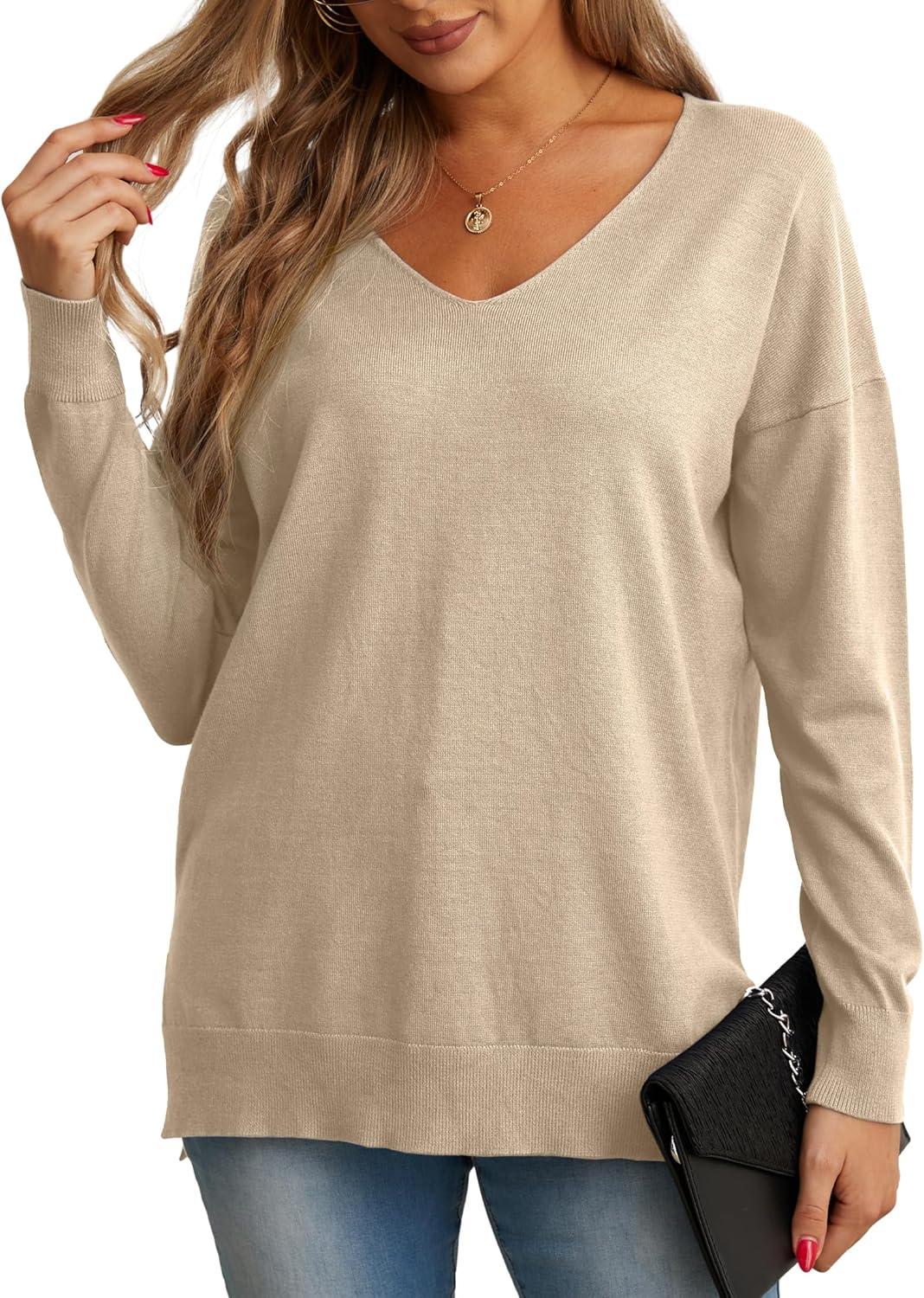 imageGRECERELLE Pull dcontract en tricot pour femme avec col en V et manches longues08 Kaki