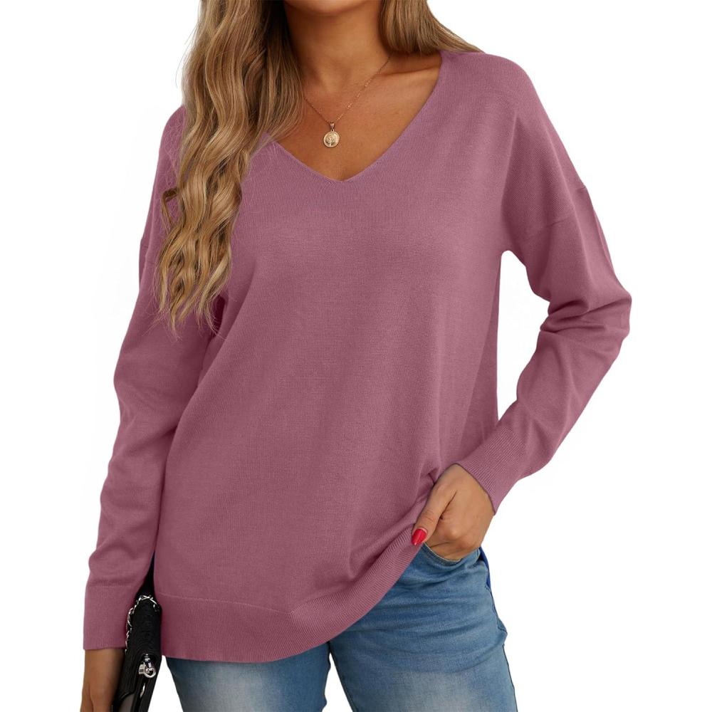 imageGRECERELLE Pull dcontract en tricot pour femme avec col en V et manches longues05 Gris Rouge