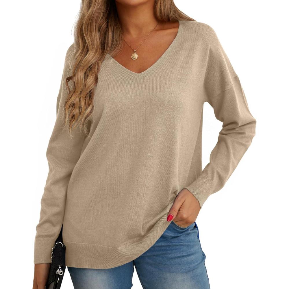 imageGRECERELLE Pull dcontract en tricot pour femme avec col en V et manches longues08 Kaki