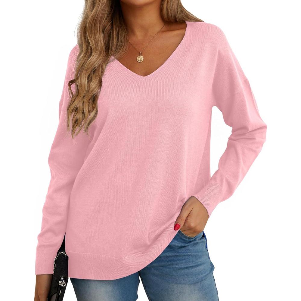 imageGRECERELLE Pull dcontract en tricot pour femme avec col en V et manches longues09 Rose