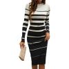 shownicer Robe Pull Femmes Casual Robe en Tricot Rayures Manches Longues A-Line Midi Robe Automne et Hiver Chandail Tricot Robe(A Blanc)
