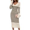 shownicer Robe Pull Femmes Casual Robe en Tricot Rayures Manches Longues A-Line Midi Robe Automne et Hiver Chandail Tricot Robe(B Abricot)