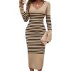 shownicer Robe Pull Femmes Casual Robe en Tricot Rayures Manches Longues A-Line Midi Robe Automne et Hiver Chandail Tricot Robe(B Kaki)