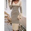 shownicer Robe Pull Femmes Casual Robe en Tricot Rayures Manches Longues A-Line Midi Robe Automne et Hiver Chandail Tricot Robe(B Abricot)