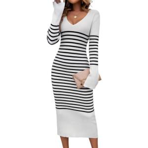 shownicer Robe Pull Femmes Casual Robe en Tricot Rayures Manches Longues A-Line Midi Robe Automne et Hiver Chandail Tricot Robe(B Blanc)
