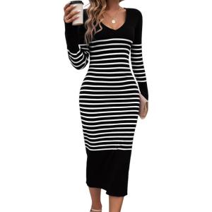 shownicer Robe Pull Femmes Casual Robe en Tricot Rayures Manches Longues A-Line Midi Robe Automne et Hiver Chandail Tricot Robe(B Noir)