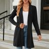 Cardigan femme long, décontracté cardigan femme mi-long uni cardigan avec boutons femmes automne manches longues veste fine légère élégante manteau en tricot chaud(Noir)