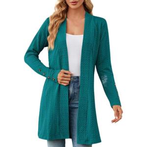 Cardigan femme long, décontracté cardigan femme mi-long uni cardigan avec boutons femmes automne manches longues veste fine légère élégante manteau en tricot chaud(Vert Armée.)