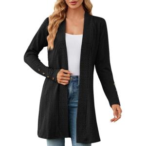 Cardigan femme long, décontracté cardigan femme mi-long uni cardigan avec boutons femmes automne manches longues veste fine légère élégante manteau en tricot chaud(Noir)