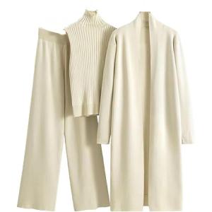 Ensemble 3 pièces Femme Tricoté – Cardigan Long, Débardeur & Pantalon Large – Chaud Automne Maison(A- Beige)