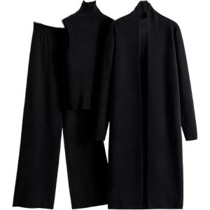 Ensemble 3 pièces Femme Tricoté – Cardigan Long, Débardeur & Pantalon Large – Chaud Automne Maison(A- Le noir)